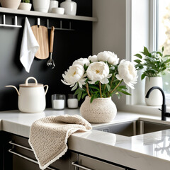 Handmade crochet kitchen towel placed on a countertop, adding cozy, decorative charm and rustic style to kitchen interiors.