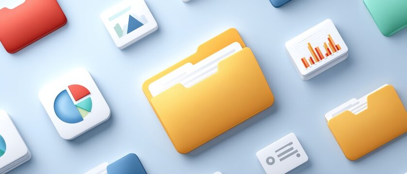 A collection of colorful digital icons representing data files, charts, and folders on a soft blue background, illustrating organization and information management.