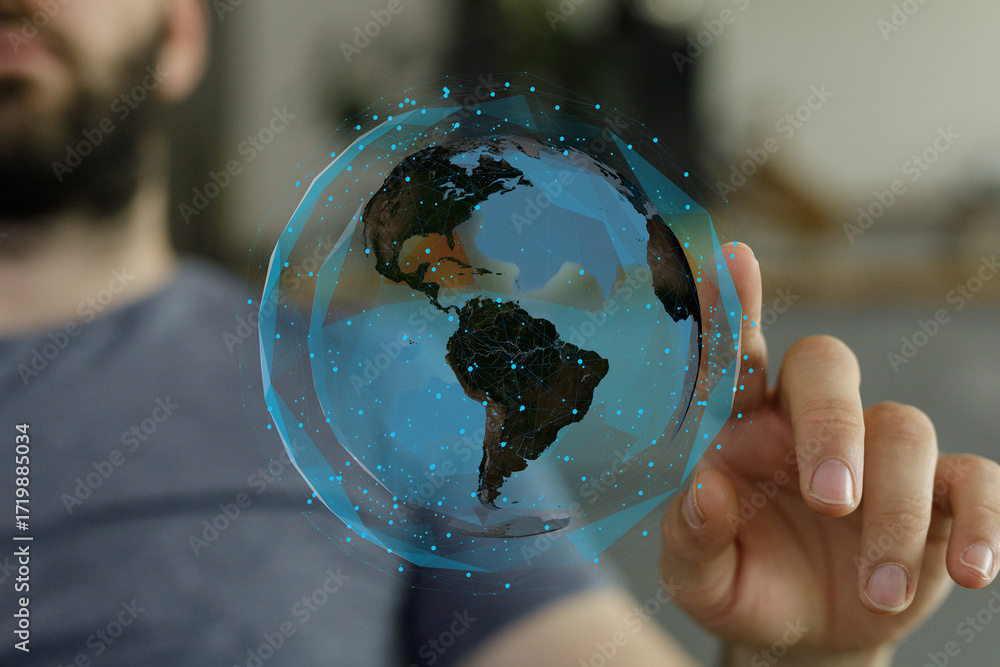 Poster close-up of a man's hand interacting with a digital interface. perfect for technology, innovation, a