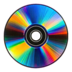 A close up shot of a compact disc showing its iridescent surface and central hole isolated on transparent background