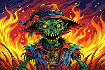 vector of Creepy scarecrow illustration with a sinister face isolated on fire background