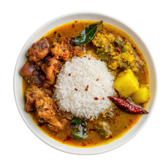 Home made south indian spicy non veg meal combo for one with white rice chicken curry [Transparent Background PNG].
