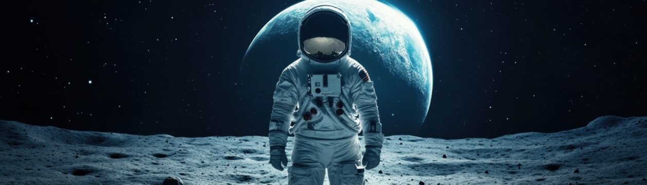 A lone astronaut stands on the moon, gazing at Earth in the distance, surrounded by a stark lunar landscape and a starry sky.