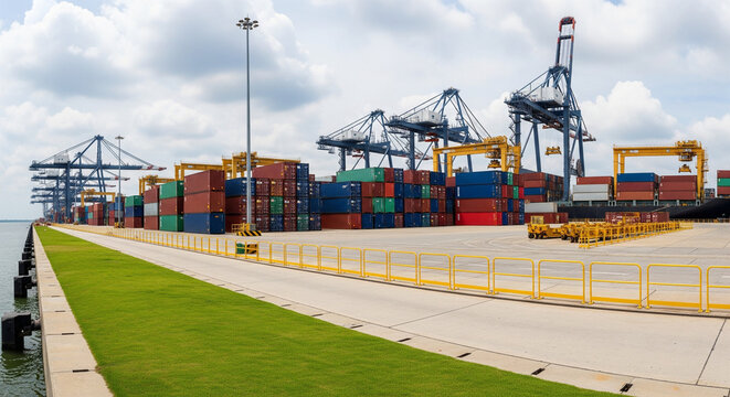 A container terminal with cranes and shipping containers by the sea
A dynamic, wide-angle view of a container terminal on a bright, cloudy day. Massive gantry cranes loom over rows of brightly colored