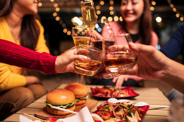 Celebrate whisky at an intimate party at a camping restaurant. A group celebration.	