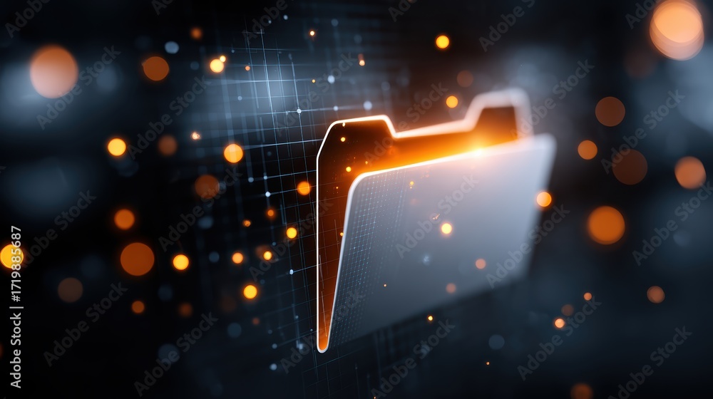Poster a digital illustration of a glowing folder icon against a dark, abstract background filled with glow