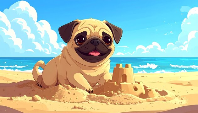 Pug puppy plays on a sunny beach