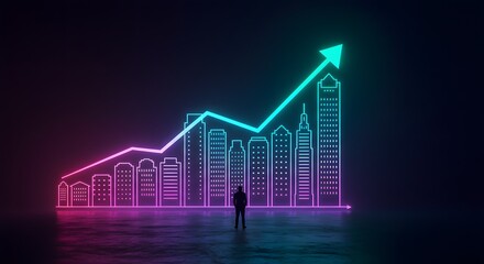 Neon Cityscape Growth Chart with Upward Arrow and Silhouette of a Man