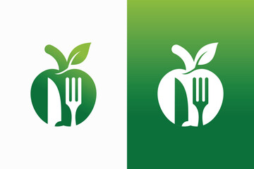 Green apple fruit logo with knife and fork vector symbol