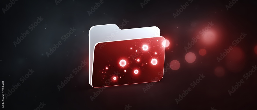 Poster a stylized folder icon with glowing red elements, set against a dark background, representing digita