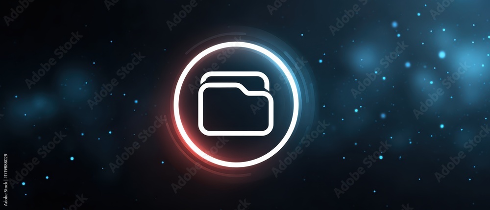 Poster a modern digital folder icon illuminated by ambient light, surrounded by a cosmic background of soft