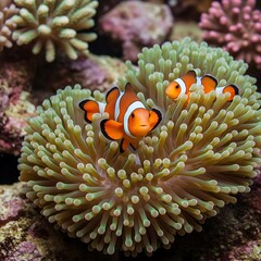 Two vibrant clownfish gracefully rest within the intricate tentacles of a sea anemone, showcasing the beauty of the underwater world.