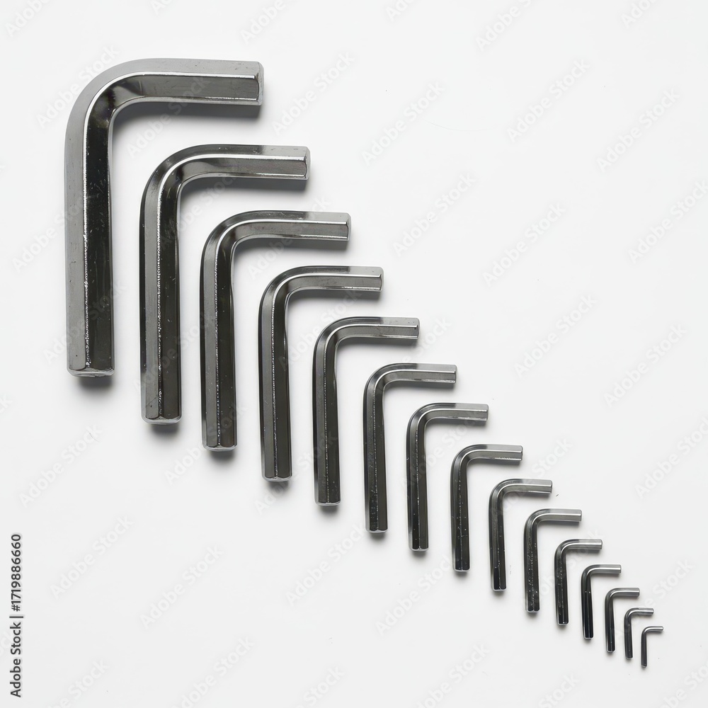 Poster a set of various sized allen keys arranged in a diagonal pattern on a plain white surface.