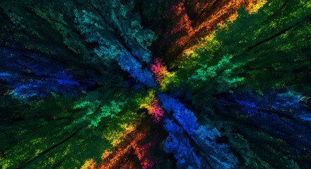 An aerial perspective showcases a vibrant forest canopy, where the treetops are painted with a spectrum of colors, creating a mesmerizing and abstract visual experience.