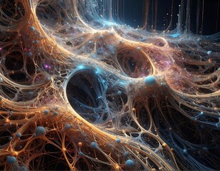 Abstract digital artwork of swirling, interconnected filaments and orbs