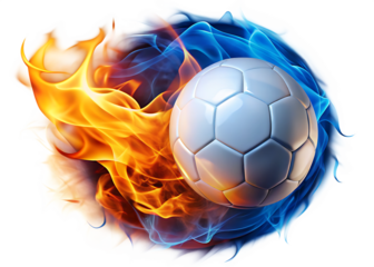 White soccer ball with blue and orange flames isolated on a transparent background 1