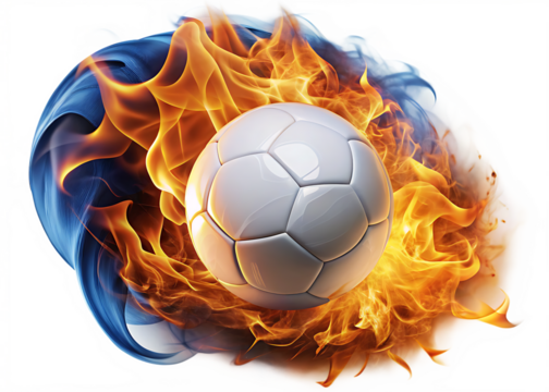 White handball ball burning with orange flames and blue smoke isolated on a transparent background - Powered by Adobe