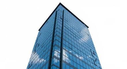 A modern skyscraper with reflective glass panels, showcasing a dramatic sky reflection.