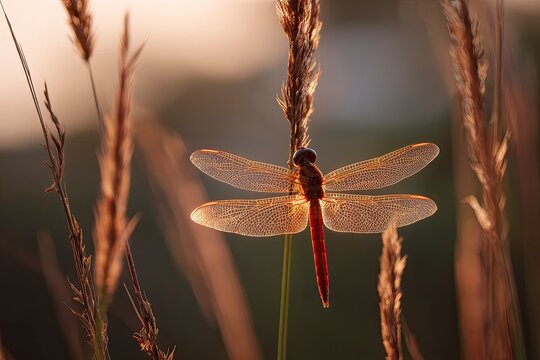 Close-up of Red Dragonfly with Transparent Wings Resting on Grass During Sunset - Powered by Adobe