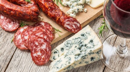 An elegant arrangement of cheeses and sausages with a wine bottle on a wooden surface.