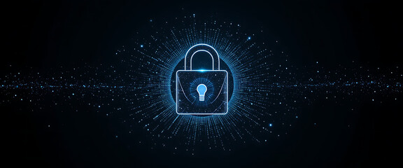 Minimalist black background with glowing 4D lock hologram in center,