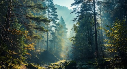 Obraz premium Sunlit Forest with Tall Trees and Mossy Ground in Morning Light