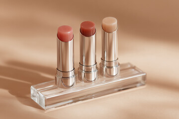 Trio di balsami labbra in stick su supporto acrilico, finitura metallizzata e tonalità nude. Packshot beauty pulito, luce calda, ideale per e-commerce e branding make up.