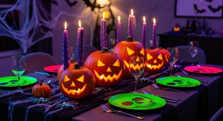 Spooky halloween dinner table setting with pumpkins and skull plates