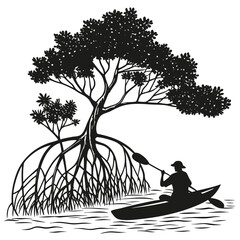 Kayaker navigating mangrove roots silhouette
