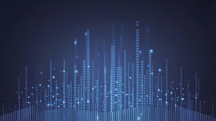 Fototapeta premium Abstract blue background with vertical bars and glowing particles in a dark setting