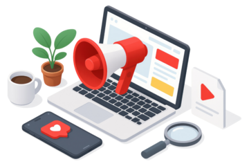 Isometric illustration of laptop with megaphone, smartphone, plant, coffee cup and magnifying glass computer isolated on a transparent background