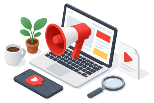 Isometric illustration of laptop with megaphone, smartphone, plant, coffee cup and magnifying glass computer isolated on a transparent background - Powered by Adobe