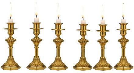 Six elegant, gold-toned candle holders, each with a lit candle, create a warm and inviting scene against a plain white background.
