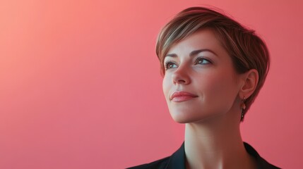 Fototapeta premium Confident Woman with Short Hair Against a Soft Pink Background