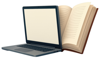 Laptop and open book on white background isolated on a transparent background