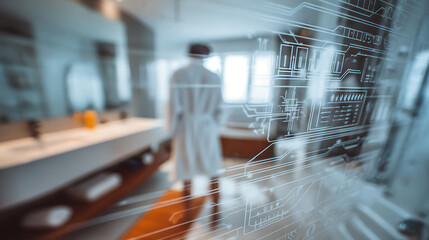 Scientist in laboratory with digital interface overlay showing technical schematics
