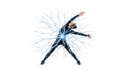 A person in a dynamic pose, radiating energy or electricity, isolated a transparent, representing power, movement, or a burst of activity