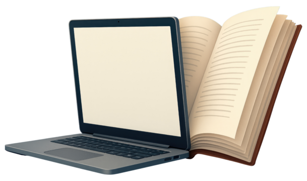 Laptop and open book on white background isolated on a transparent background