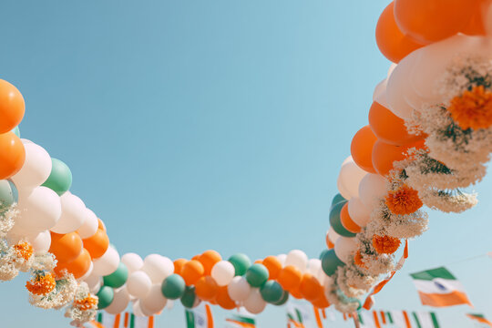 Indian Independence Day Celebration with Tricolor Balloons and Decorations – Minimal Outdoor Scene in Bright Daylight