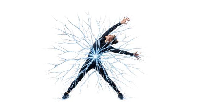 A person in a dynamic pose, radiating energy or electricity, isolated a transparent, representing power, movement, or a burst of activity