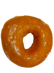 A glazed donut with a shiny surface, featuring a classic ring shape and a soft texture.
