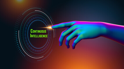 Continuous Intelligence text banner.3d arm touching future