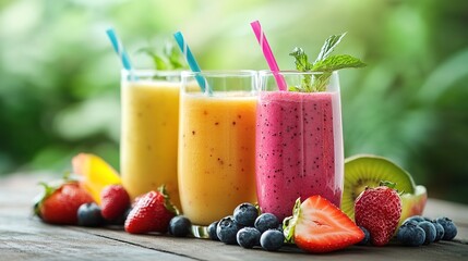 Three colorful smoothies are served in tall glasses, surrounded by fresh fruits like strawberries, blueberries, and kiwis, set against a soft, green background.