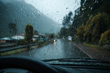 Rainy Weather View Through Car Windshield on Mountain Road