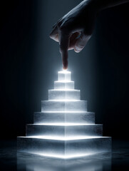 Glowing pyramid with digital texture is touched by hand symbolizing unlock and access to new levels of knowledge and technology in dark environment