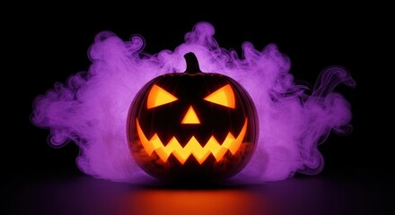 Glowing jack o lantern surrounded by purple smoke on a black background
