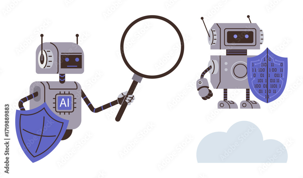 Aufkleber two robots with shields, magnifying glass, artificial intelligence label showcasing security feature