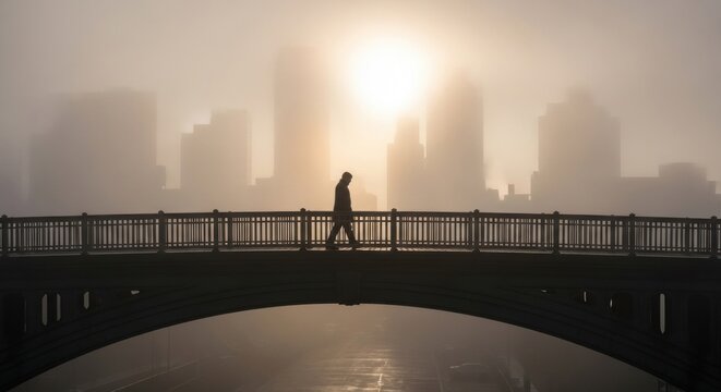 A person walking on a bridge in a foggy cityscape. - Powered by Adobe