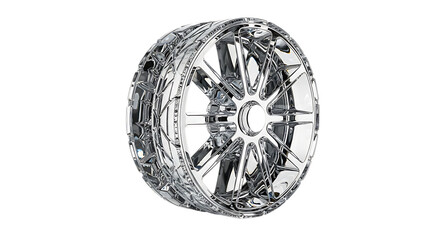 A car wheel covered in ice and frost, with intricate ice formations the chrome rim, isolated transparent, representing winter driving challenges