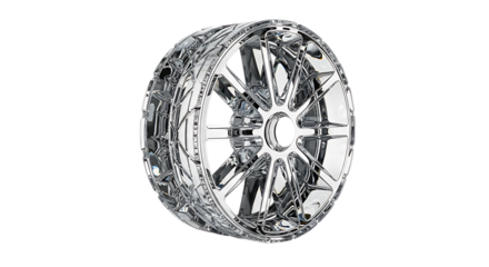 A car wheel covered in ice and frost, with intricate ice formations the chrome rim, isolated transparent, representing winter driving challenges